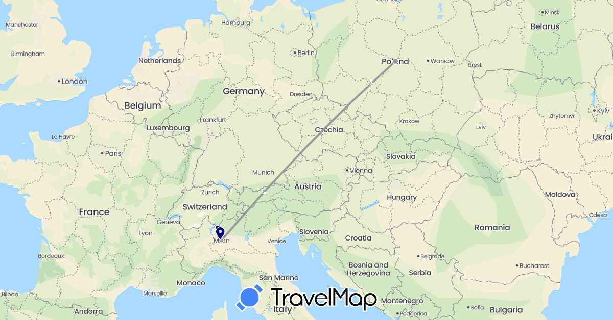 TravelMap itinerary: driving, plane in Switzerland, Italy, Poland (Europe)